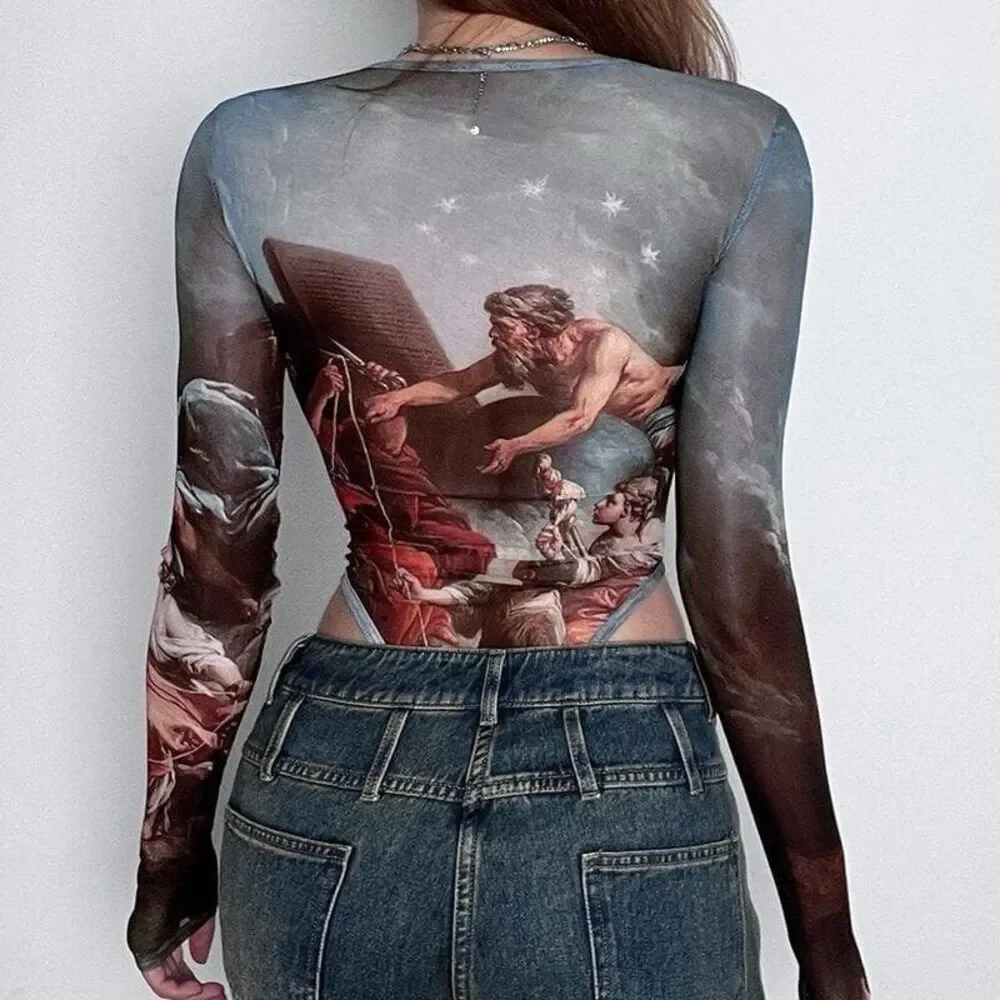 Art To Wear Womens M L Abstract mesh long sleeve lace bodysuit Y2K Whimsigoth - Picture 3 of 16